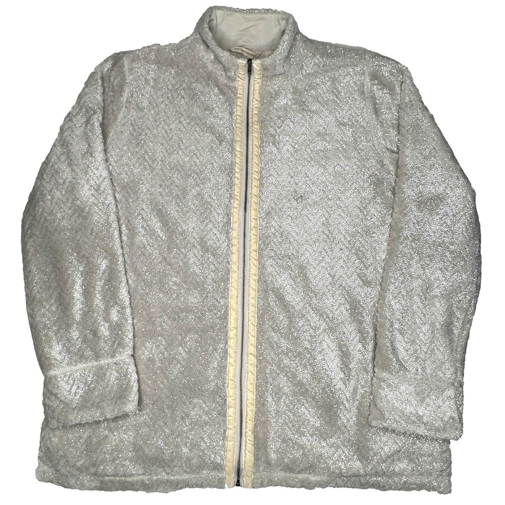 Soft Surroundings Jacket Womens Sz L Silver Glitter Chevron Fleece Full Zip